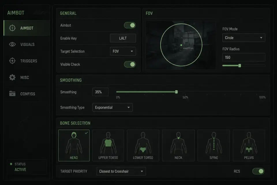 Bodycam aimbot menu illustrating smoothing-style controls