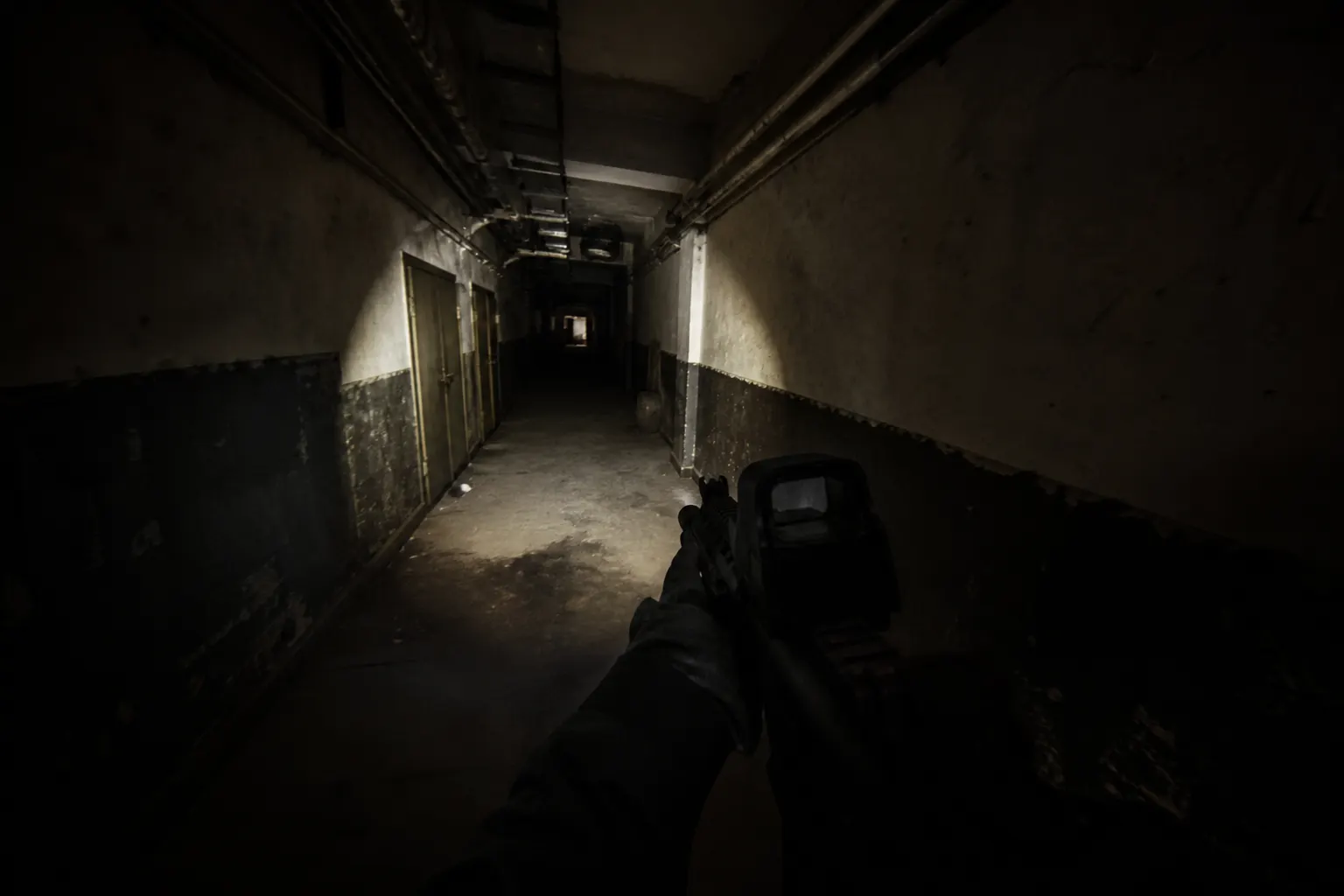 Low-light Bodycam corridor scene for player ESP context