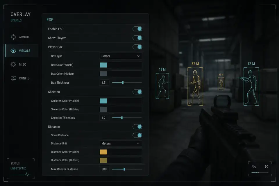 Bodycam ESP settings panel illustrating player overlay options